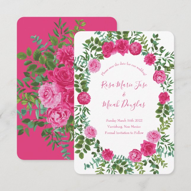 Invitación Brillante boda floral rosa salva la fecha (Anverso / Reverso)
