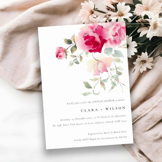 Invitación Brillante Boho Rojo Rosa Rosa Floral Parejas Flore (Subido por el creador)