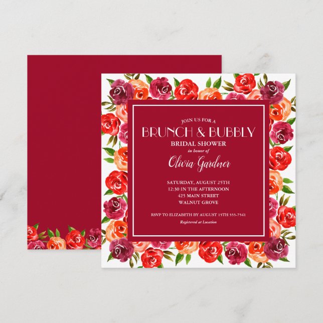 Invitación Brillante brunch floral y ducha de novia burbujean (Anverso / Reverso)