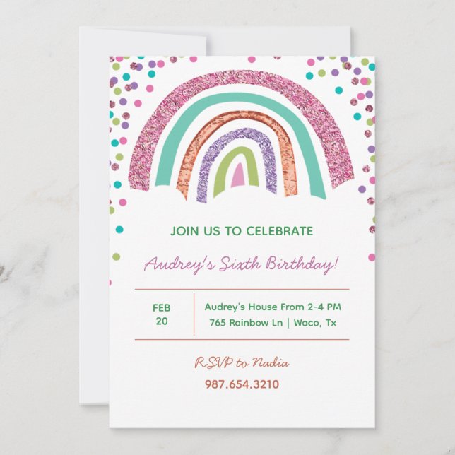 Invitación Brillante Chica arcoiris colorido Cumpleaños (Anverso)
