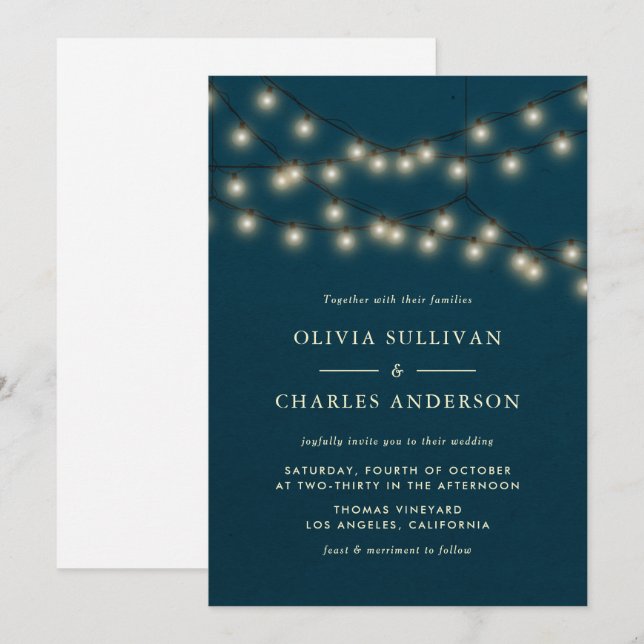 Invitación Brillante cuerda de globo ilumina a Boda Verde azu (Anverso / Reverso)