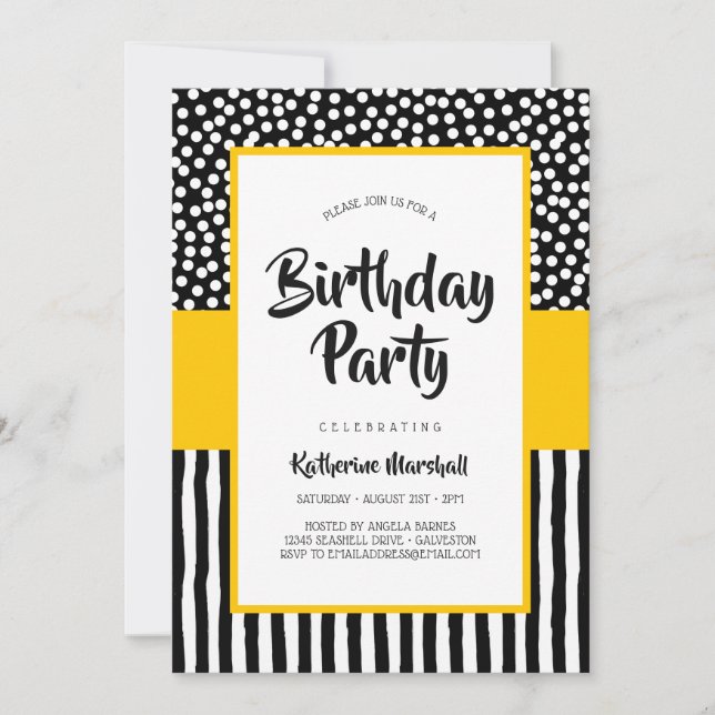 Invitación Brillante cumpleaños blanco negro y amarillo (Anverso)