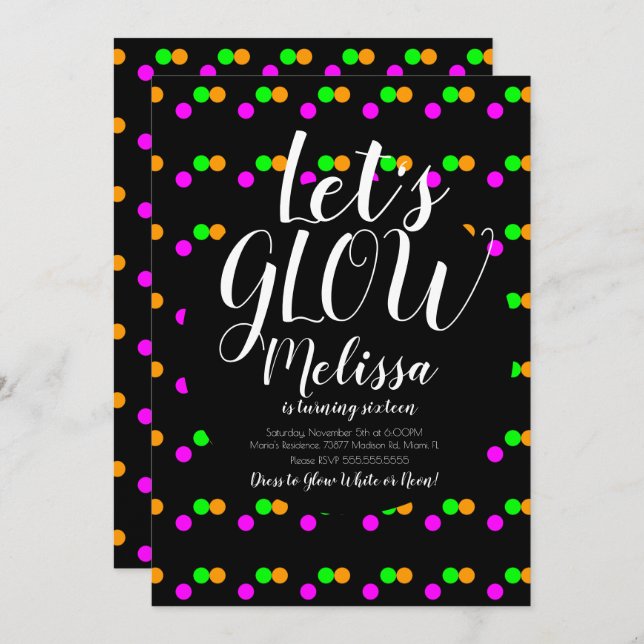 Invitación Brillante Cumpleaños Confetti Neon Glow En El Fies (Anverso / Reverso)