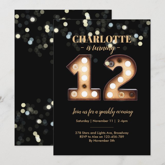 Invitación brillante del cumpleaños de las luces (Anverso / Reverso)