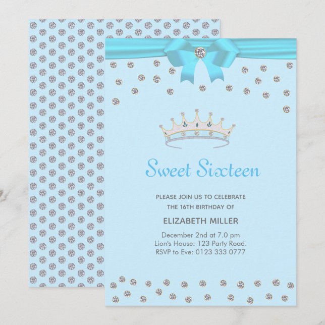 Invitación Brillante Diamante Chic Dulces Dieciséis sobre Azu (Anverso / Reverso)