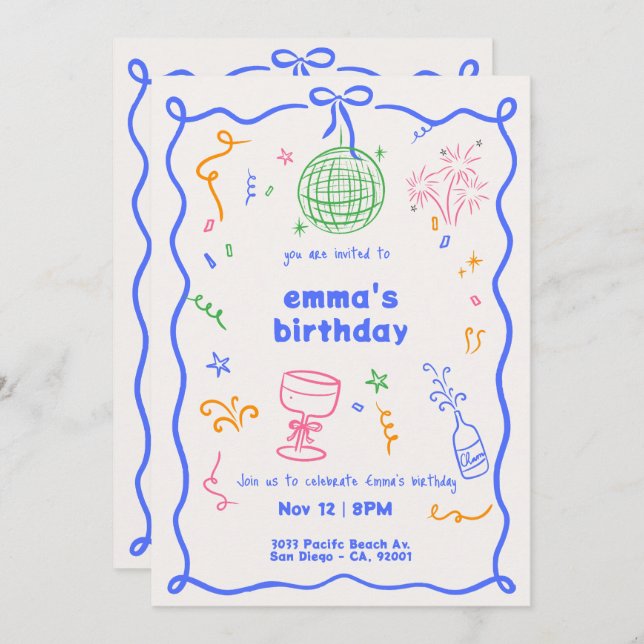 Invitación Brillante Disco Color de cumpleaños (Anverso / Reverso)