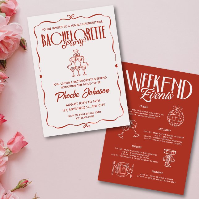 Invitación Brillante Doodle Rojo Rosa Bachelorette Itinerario (Subido por el creador)