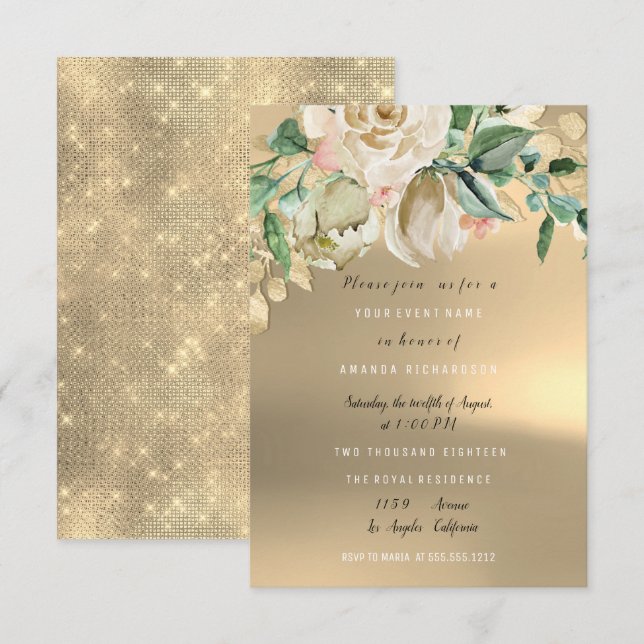 Invitación Brillante Ducha Dorada Mint Paint Flor acuática (Anverso / Reverso)