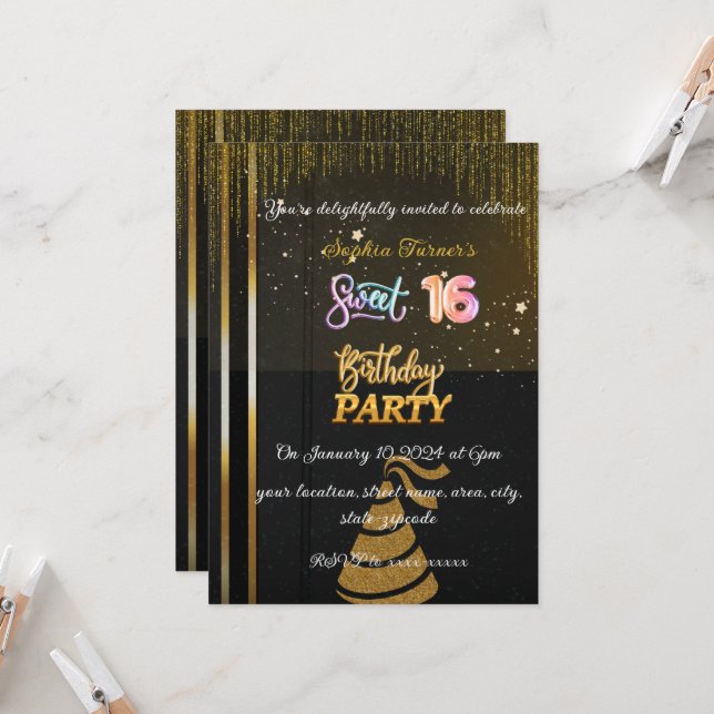 Invitación Brillante dulce negro y oro 16 cumpleaños (Anverso/Reverso In Situ)