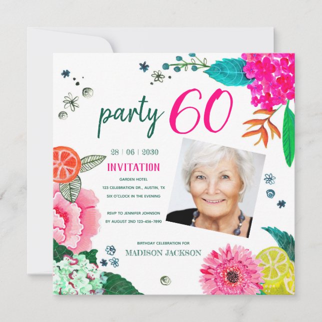 Invitación Brillante fiesta de cumpleaños floral y de frutas  (Anverso)