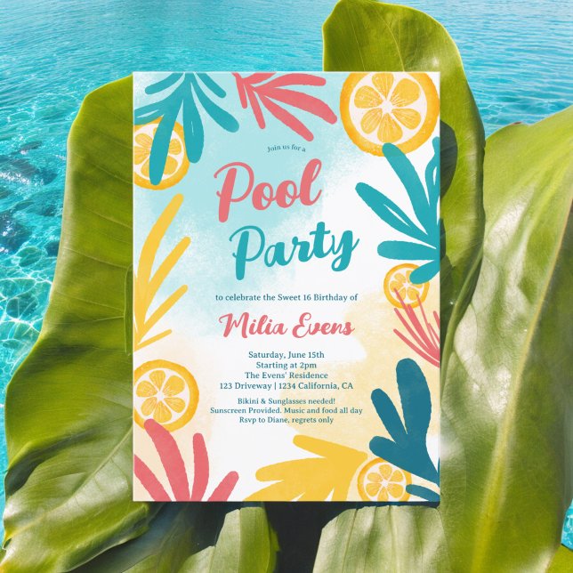 Invitación Brillante fiesta de la piscina tropical de la play (Bright bold Tropical beach pool party Sweet 16 Invitation)