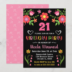 Invitación Brillante Fiesta Mexicana de Cumpleaños con Flores