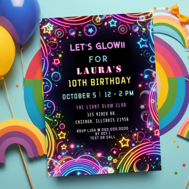 Invitación Brillante Fiesta Neon Glow (Bright Colorful Neon Glow Party Birthday Invitation)