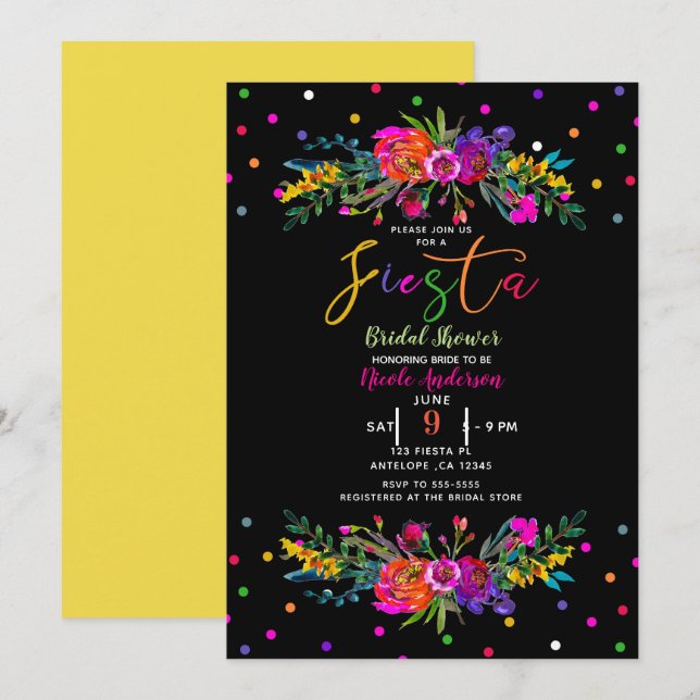 Invitación Brillante Fiesta Nupcial Floral Moderna y Negra (Anverso / Reverso)