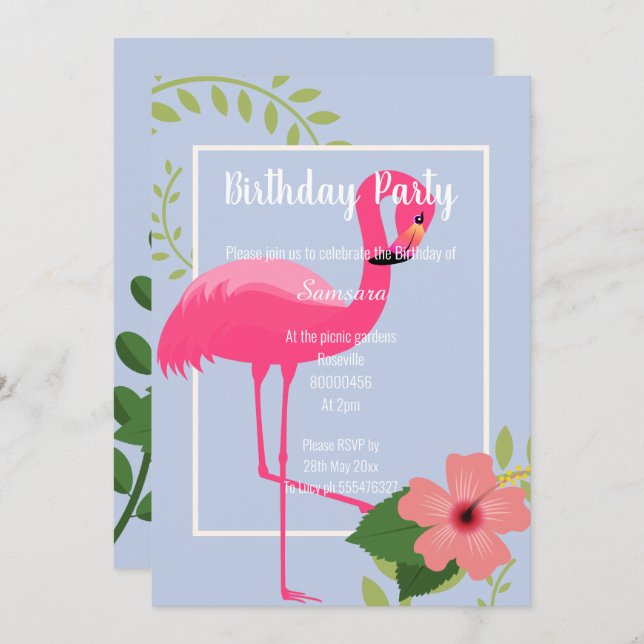INVITACIÓN BRILLANTE FLAMINGO HIBISCO ORO AZUL BLANCO (Anverso / Reverso)