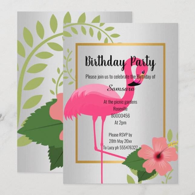 INVITACIÓN BRILLANTE FLAMINGO HIBISCO ORO PLATA CUMPLEAÑOS (Anverso / Reverso)