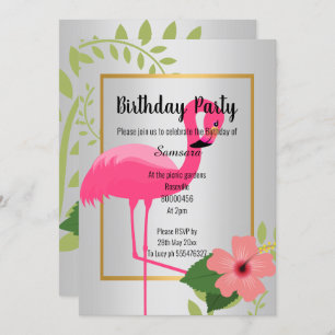 INVITACIÓN BRILLANTE FLAMINGO HIBISCO ORO PLATA CUMPLEAÑOS
