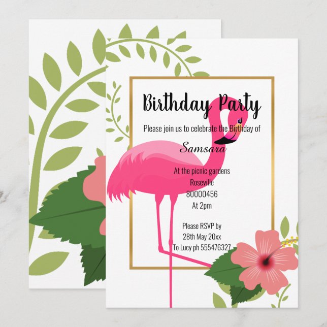 INVITACIÓN BRILLANTE FLAMINGO HIBISCO ORO ROJO BLANCO (Anverso / Reverso)