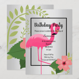 INVITACIÓN BRILLANTE FLAMINGO HIBISCUS SILVER BLACK CUMPLEAÑO