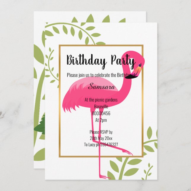 INVITACIÓN BRILLANTE FLAMINGO ORO BLANCO BOTÁNICO ROJO (Anverso / Reverso)