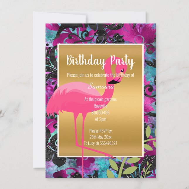 INVITACIÓN BRILLANTE FLAMINGO ORO FLORAL HAWAIANO (Anverso)