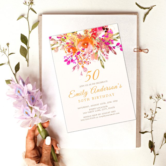 Invitación Brillante Floral Romántica 50. Fiesta de cumpleaño (Subido por el creador)