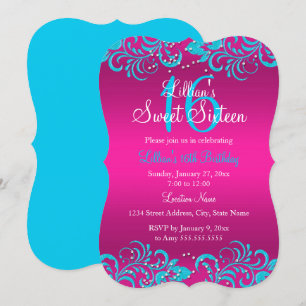 Invitación brillante floral rosa y azul turquesa p