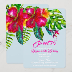Invitación Brillante Floral Tropical Hibisco & Hojas Dulces 1