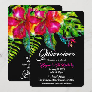 Invitación Brillante Floral Tropical Hibiscus Hojas Quinceañe