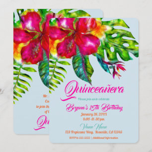 Invitación Brillante Floral Tropical Quinceañera de Hibiscus