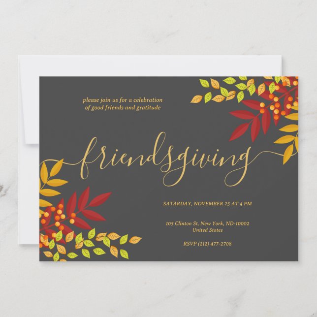 Invitación Brillante Foliage Black Theme Thankending Dinner (Anverso)