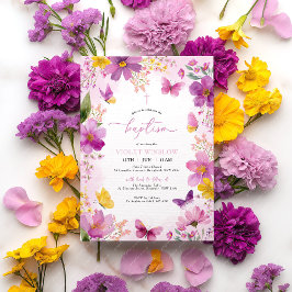 Invitación Brillante Fuchsia Bautismo Rosa Christening Floral