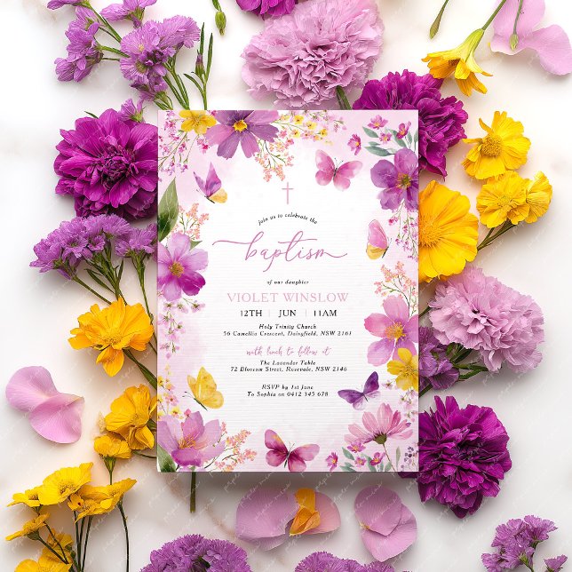 Invitación Brillante Fuchsia Bautismo Rosa Christening Floral (Purple Yellow Baptism Invitation )