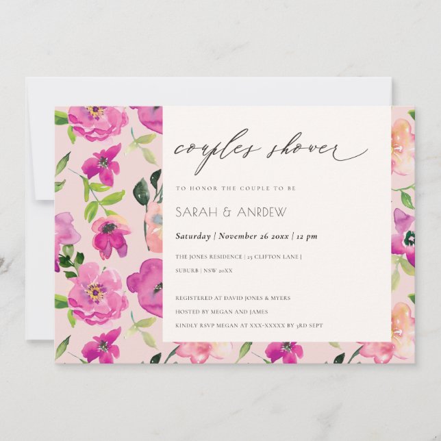 Invitación Brillante Fun Rosa Acuarela Parejas Florales Ducha (Anverso)