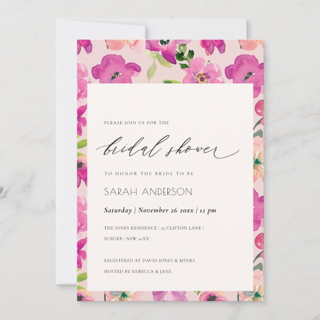 Invitación Brillante Fun Rosa Azul Floral Ducha De Novias (Anverso)