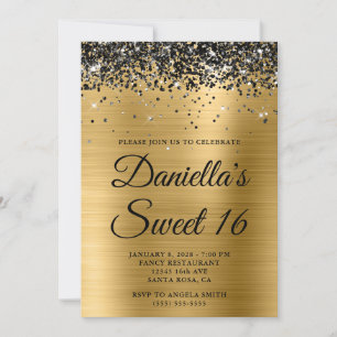 Invitación Brillante Glitter Negro Hoja Dorada Sweet 16