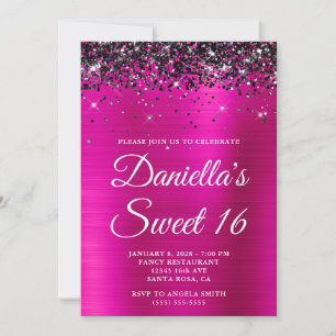 Invitación Brillante Glitter Negro Rosa Caliente Foil Dulces