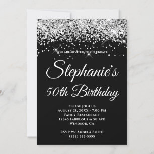 Invitación Brillante Glitter Plateado Fondo Negro Sólido