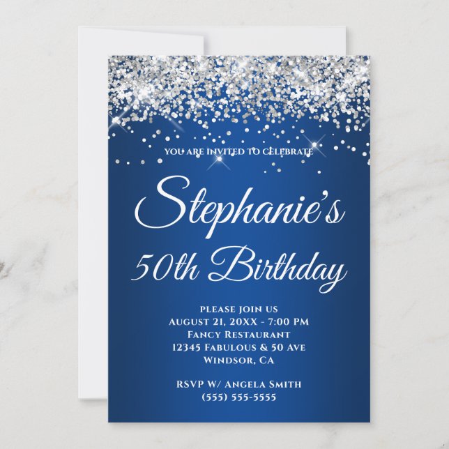 Invitación Brillante Glitter Plateado Gradiente Azul Profundo (Anverso)