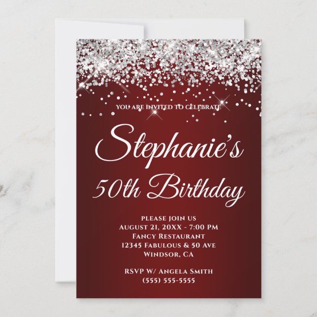 Invitación Brillante Glitter Plateado Gradiente Rojo Oscuro (Anverso)