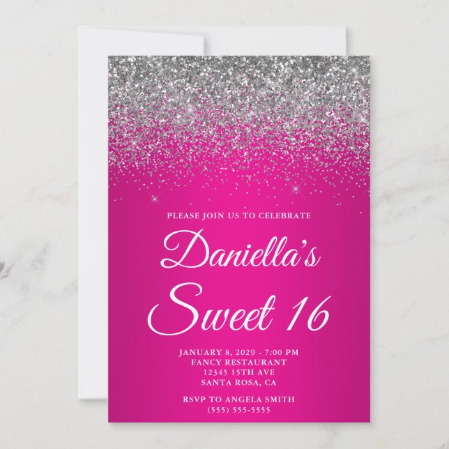 Invitación Brillante Glitter Plateado Gradiente Rosa Caliente (Anverso)