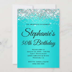Invitación Brillante Glitter Plateado Gradiente Turquesa Bril