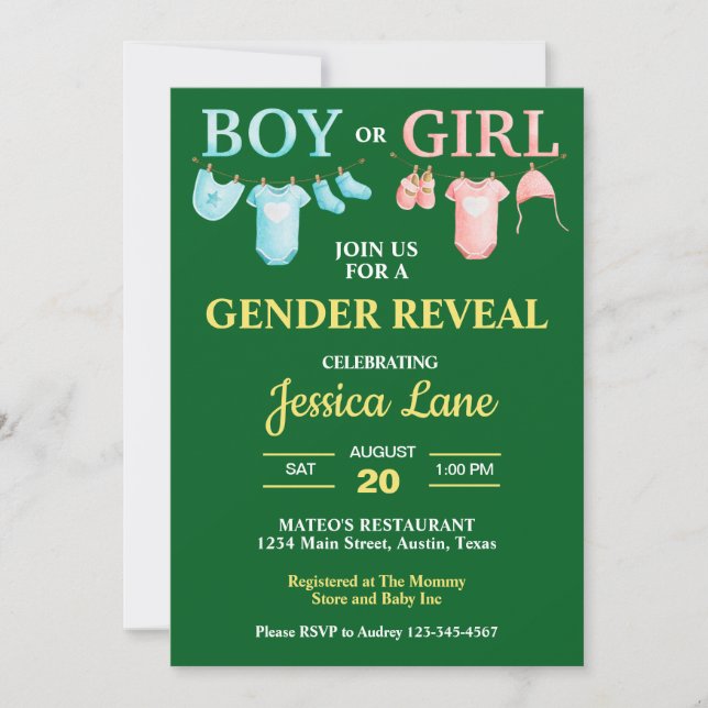 Invitación Brillante hombre verde o género Chica revela Baby  (Anverso)