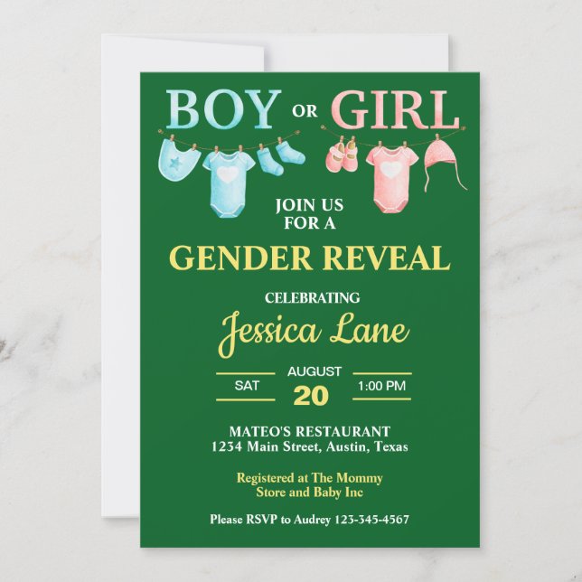 Invitación Brillante hombre verde o género Chica revela Baby  (Anverso)