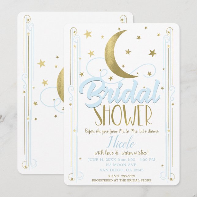 Invitación Brillante Luz Azul Oro Moon Stars Bridal Shower (Anverso / Reverso)