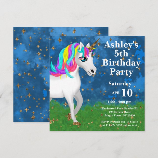 Invitación Brillante Magical Unicornio 5ª fiesta de cumpleaño (Anverso / Reverso)