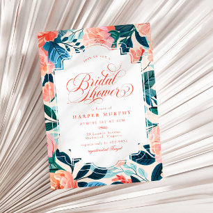 Invitación Brillante Naranja Tropical Verde azulado Floral Br