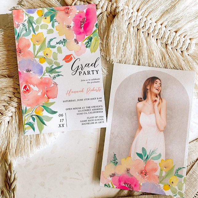 Invitación Brillante negrita boho garden floral graduación (Bright bold boho garden floral graduation invitation)