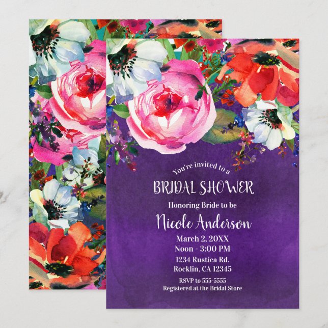 Invitación Brillante Negrita Floral Morado Brilla Ducha (Anverso / Reverso)