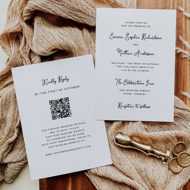 Invitación Brillante negro y blanco dulce | Código QR Boda (A sweet and whimsical wedding invitation with a scannable QR code to RSVP)